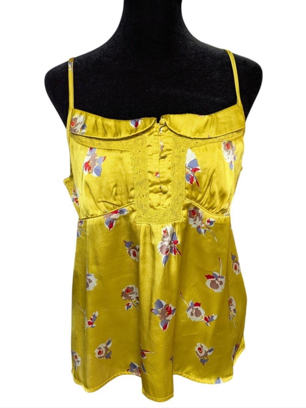 American Eagle Outfitters Covered Button Spaghetti Strap Mustard Floral Top